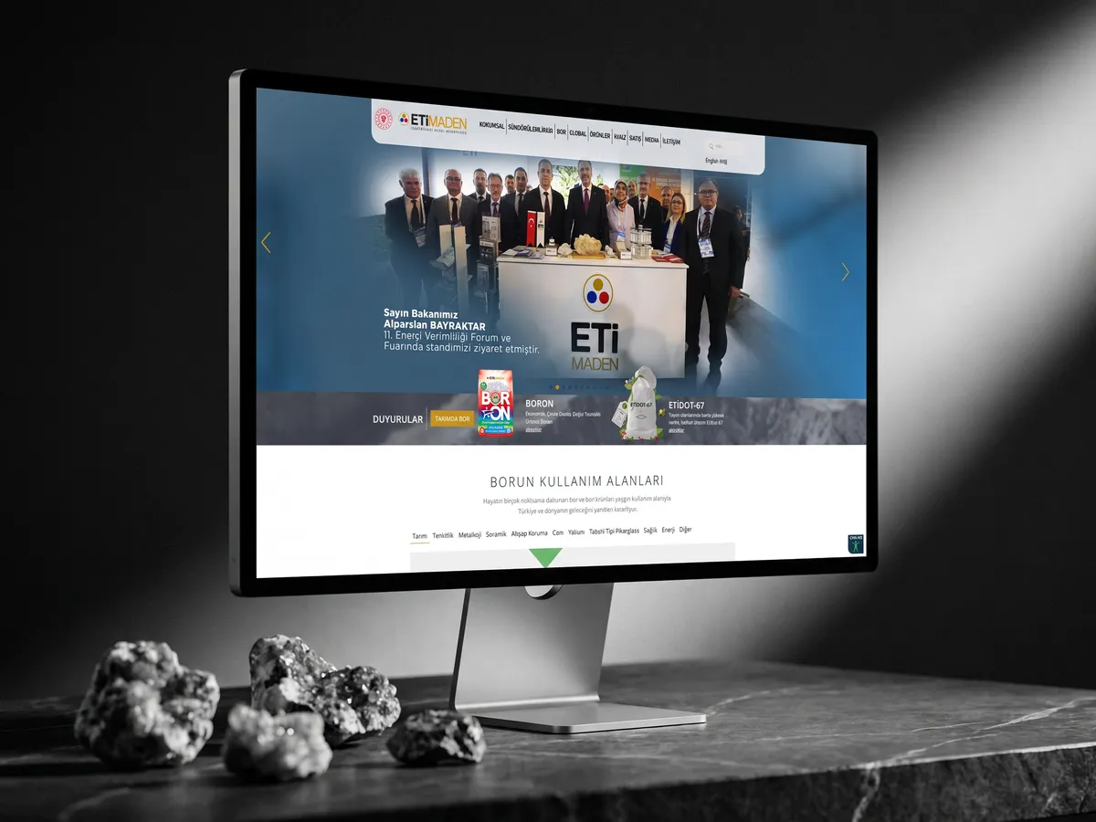 Eti Maden web sitesi, cihaz üzerinde ana sayfa görünümü